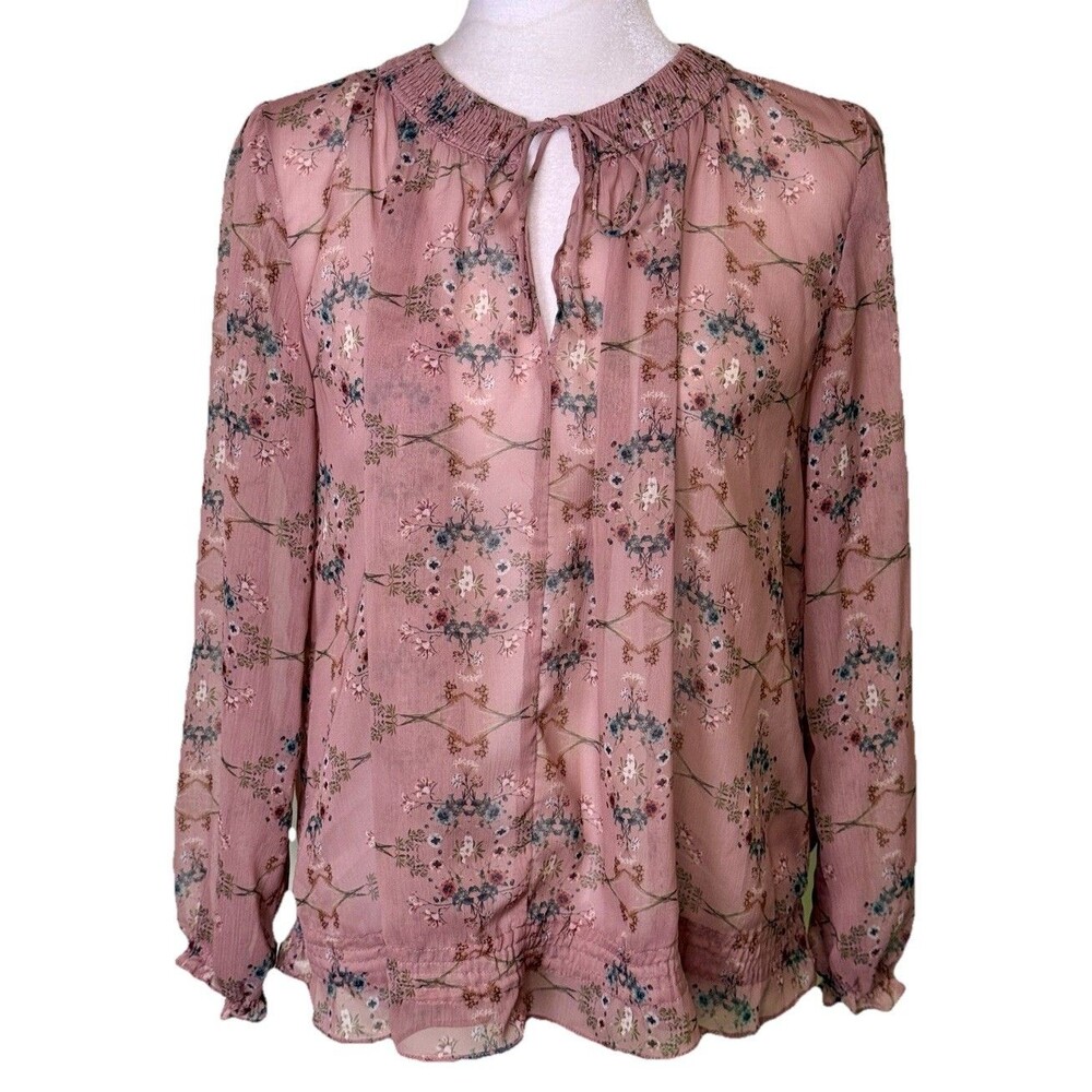 Women’s Romantic‎ Brown Floral Prairie Blouse Sheer Long Sleeve Tie Neck Sm